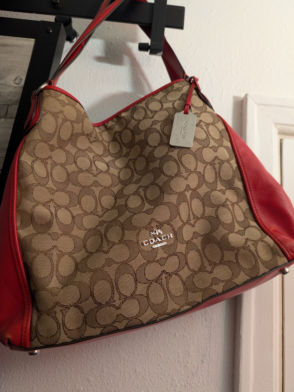 Coach Signature Canvas Hobo Bag in Khaki and Red